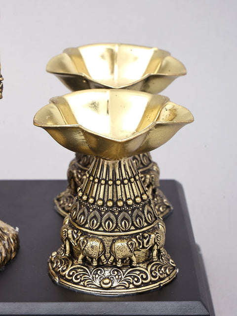 12" Superfine Fluting Krishna with Cow and Calf and Oil Lamps | Brass Statue on Wood Base