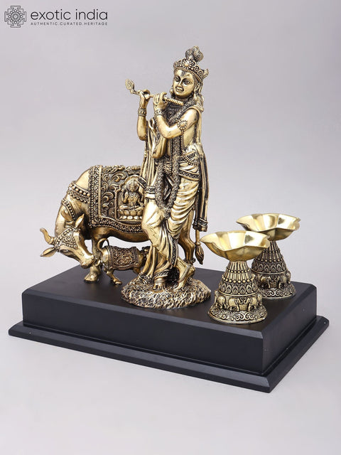 12" Superfine Fluting Krishna with Cow and Calf and Oil Lamps | Brass Statue on Wood Base