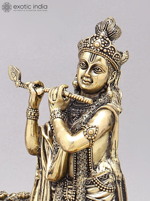 12" Superfine Fluting Krishna with Cow and Calf and Oil Lamps | Brass Statue on Wood Base