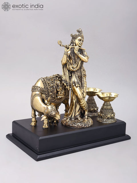 12" Superfine Fluting Krishna with Cow and Calf and Oil Lamps | Brass Statue on Wood Base