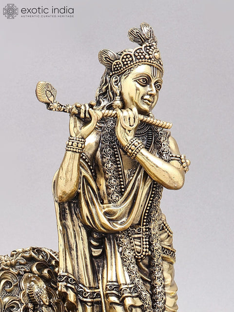 12" Superfine Fluting Krishna with Cow and Calf and Oil Lamps | Brass Statue on Wood Base