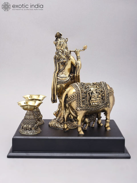 12" Superfine Fluting Krishna with Cow and Calf and Oil Lamps | Brass Statue on Wood Base