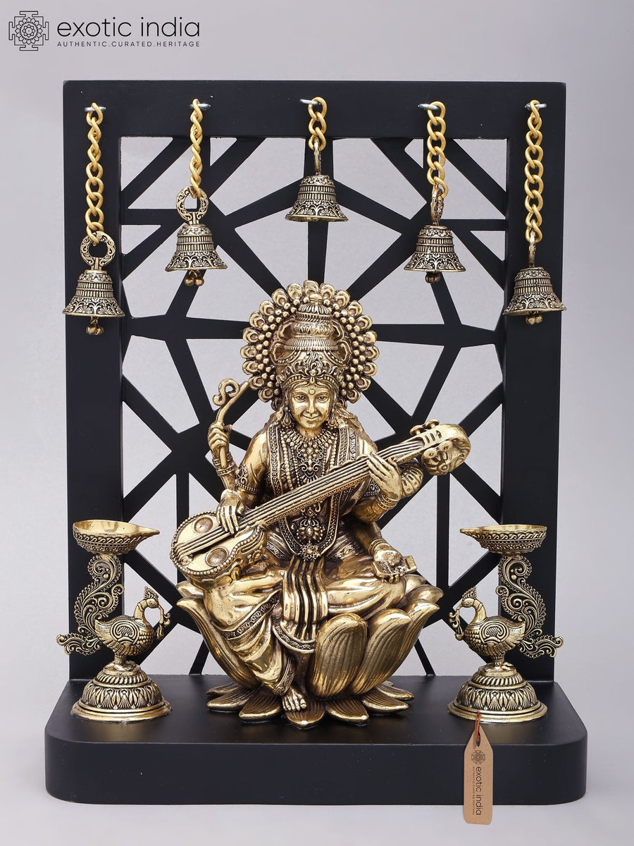 12" Brass Goddess Saraswati with Peacock Lamps Handmade Statue