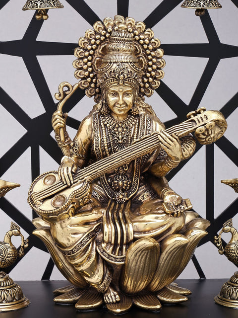 12" Superfine Goddess Saraswati with Peacock Lamps and Bells | Brass Statue with Designer Wood Frame
