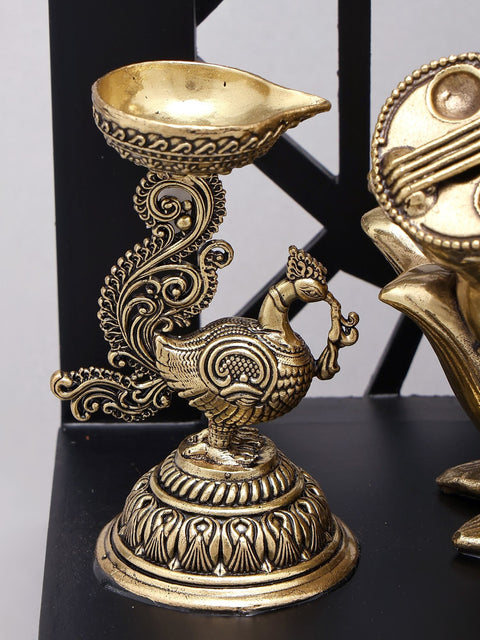 12" Superfine Goddess Saraswati with Peacock Lamps and Bells | Brass Statue with Designer Wood Frame
