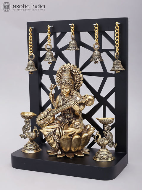 12" Superfine Goddess Saraswati with Peacock Lamps and Bells | Brass Statue with Designer Wood Frame