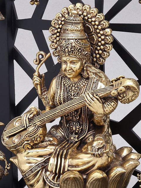 12" Superfine Goddess Saraswati with Peacock Lamps and Bells | Brass Statue with Designer Wood Frame