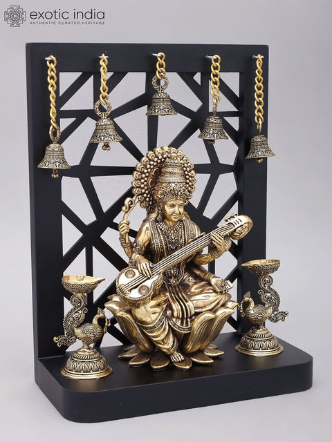 12" Superfine Goddess Saraswati with Peacock Lamps and Bells | Brass Statue with Designer Wood Frame
