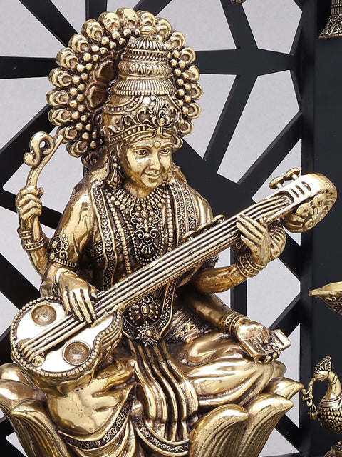 12" Superfine Goddess Saraswati with Peacock Lamps and Bells | Brass Statue with Designer Wood Frame