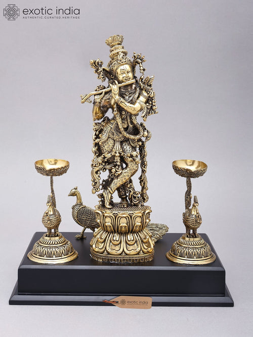 14" Lord Krishna Playing Flute Brass Statue with Peacock Lamps