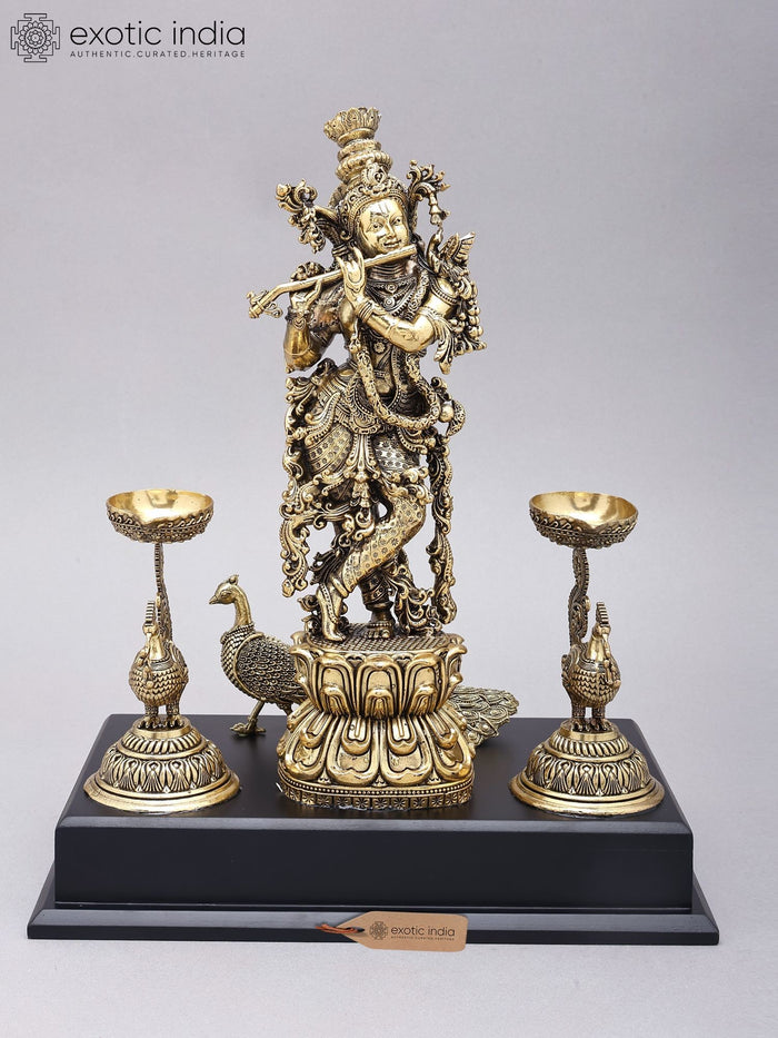 14" Lord Krishna Playing Flute Brass Statue with Peacock Lamps