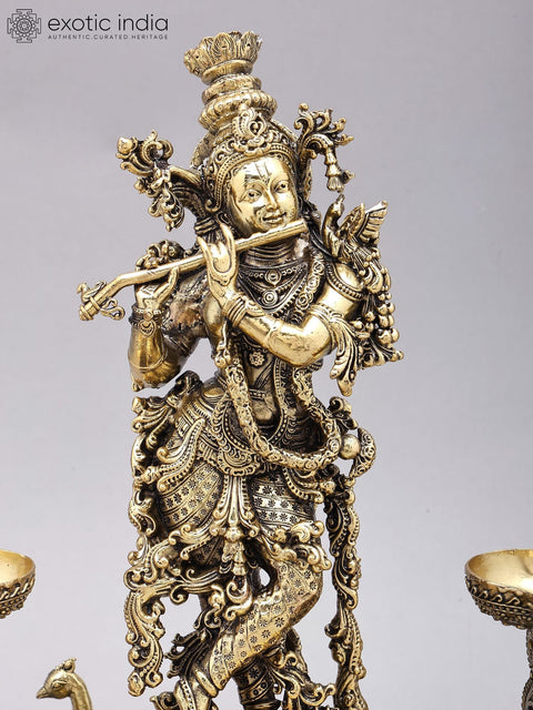 14" Lord Krishna Playing Flute with Peacock Lamps | Brass Statue on Wood Base