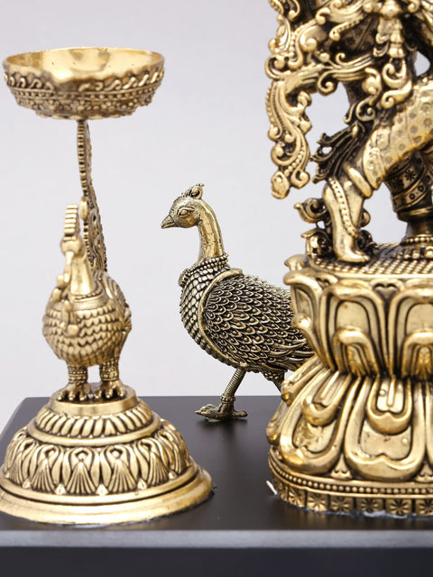 14" Lord Krishna Playing Flute with Peacock Lamps | Brass Statue on Wood Base