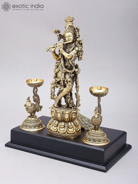 14" Lord Krishna Playing Flute with Peacock Lamps | Brass Statue on Wood Base