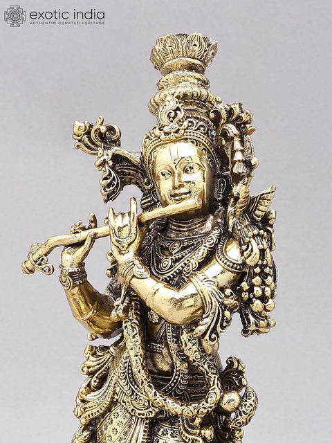 14" Lord Krishna Playing Flute with Peacock Lamps | Brass Statue on Wood Base