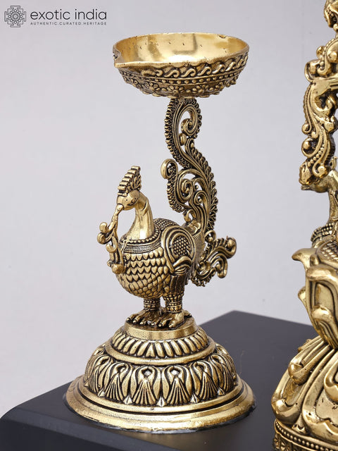 14" Lord Krishna Playing Flute with Peacock Lamps | Brass Statue on Wood Base