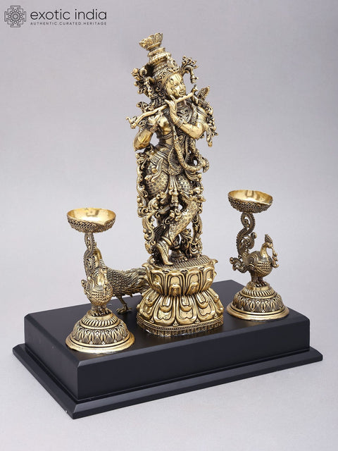 14" Lord Krishna Playing Flute with Peacock Lamps | Brass Statue on Wood Base