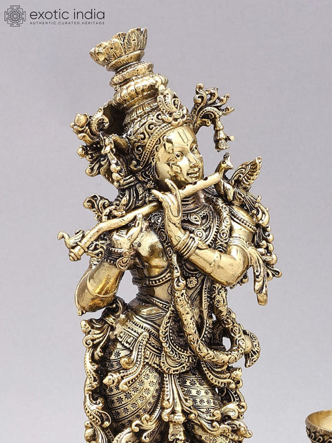 14" Lord Krishna Playing Flute with Peacock Lamps | Brass Statue on Wood Base