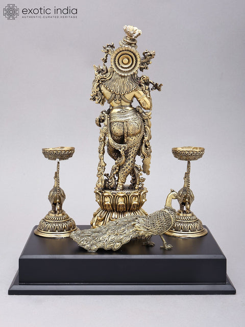 14" Lord Krishna Playing Flute with Peacock Lamps | Brass Statue on Wood Base