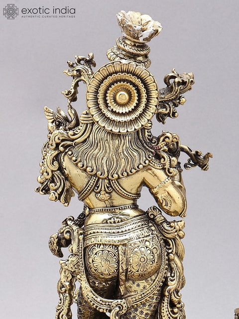 14" Lord Krishna Playing Flute with Peacock Lamps | Brass Statue on Wood Base