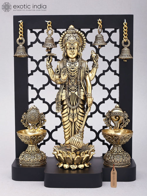 12" Four Armed Lord Vishnu Brass Sculpture with Shankha Chakra Lamps