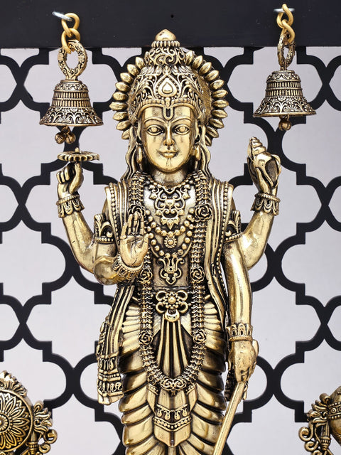 12" Four Armed Standing Lord Vishnu with Shankha Chakra Lamps and Bells | Designer Wood Framed Brass Sculpture