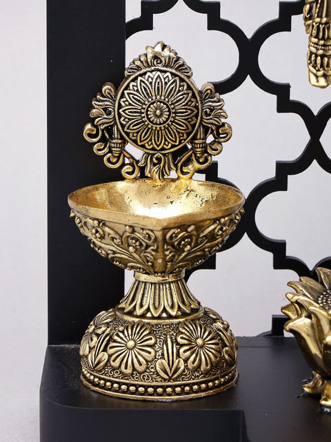 12" Four Armed Standing Lord Vishnu with Shankha Chakra Lamps and Bells | Designer Wood Framed Brass Sculpture