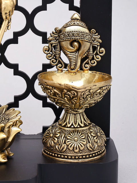 12" Four Armed Standing Lord Vishnu with Shankha Chakra Lamps and Bells | Designer Wood Framed Brass Sculpture