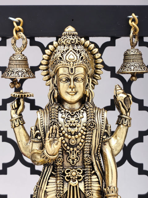 12" Four Armed Standing Lord Vishnu with Shankha Chakra Lamps and Bells | Designer Wood Framed Brass Sculpture