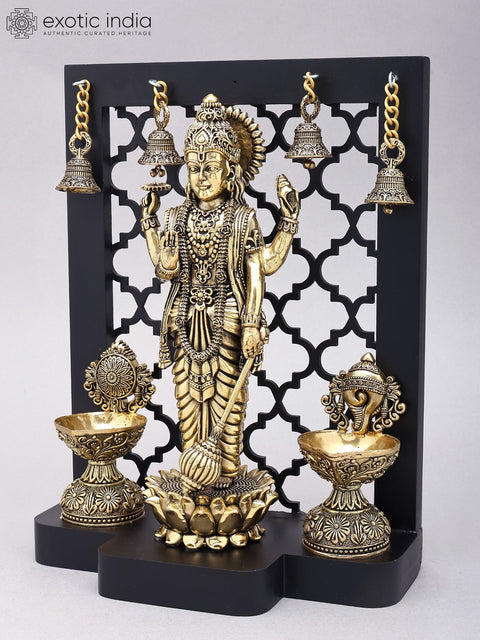 12" Four Armed Standing Lord Vishnu with Shankha Chakra Lamps and Bells | Designer Wood Framed Brass Sculpture