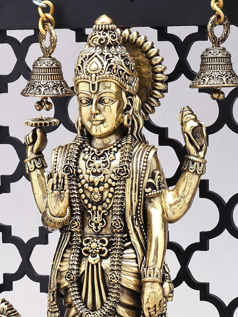 12" Four Armed Standing Lord Vishnu with Shankha Chakra Lamps and Bells | Designer Wood Framed Brass Sculpture