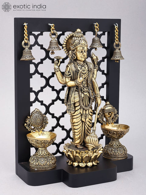 12" Four Armed Standing Lord Vishnu with Shankha Chakra Lamps and Bells | Designer Wood Framed Brass Sculpture