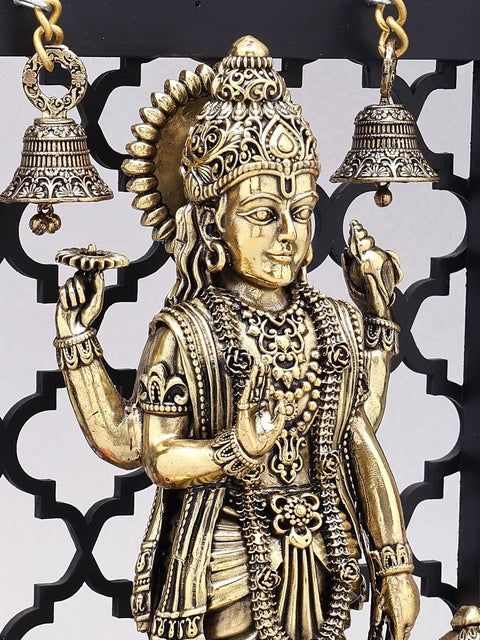 12" Four Armed Standing Lord Vishnu with Shankha Chakra Lamps and Bells | Designer Wood Framed Brass Sculpture