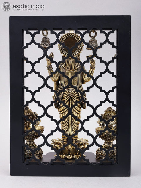 12" Four Armed Standing Lord Vishnu with Shankha Chakra Lamps and Bells | Designer Wood Framed Brass Sculpture
