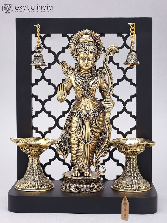 12" Brass Rama Statue with Wood Frame, Lamps and Bells for Pooja