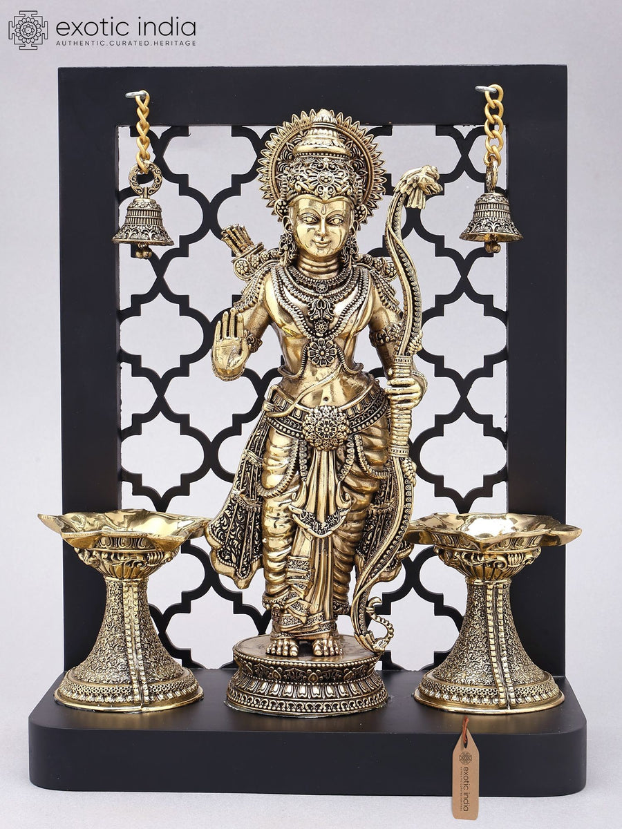 12" Brass Rama Statue with Wood Frame, Lamps and Bells for Pooja