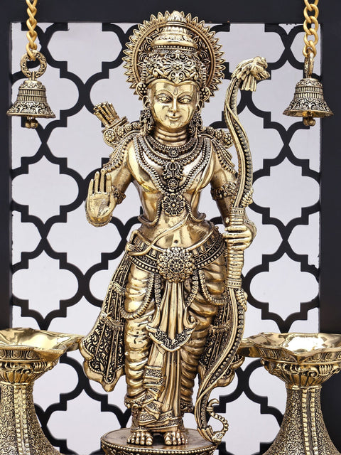 12" Designer Wood Framed Prabhu Shri Rama Statue in Brass with Lamps and Bells