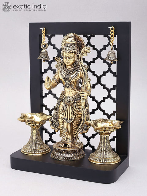 12" Designer Wood Framed Prabhu Shri Rama Statue in Brass with Lamps and Bells