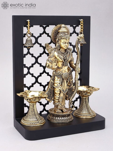 12" Designer Wood Framed Prabhu Shri Rama Statue in Brass with Lamps and Bells