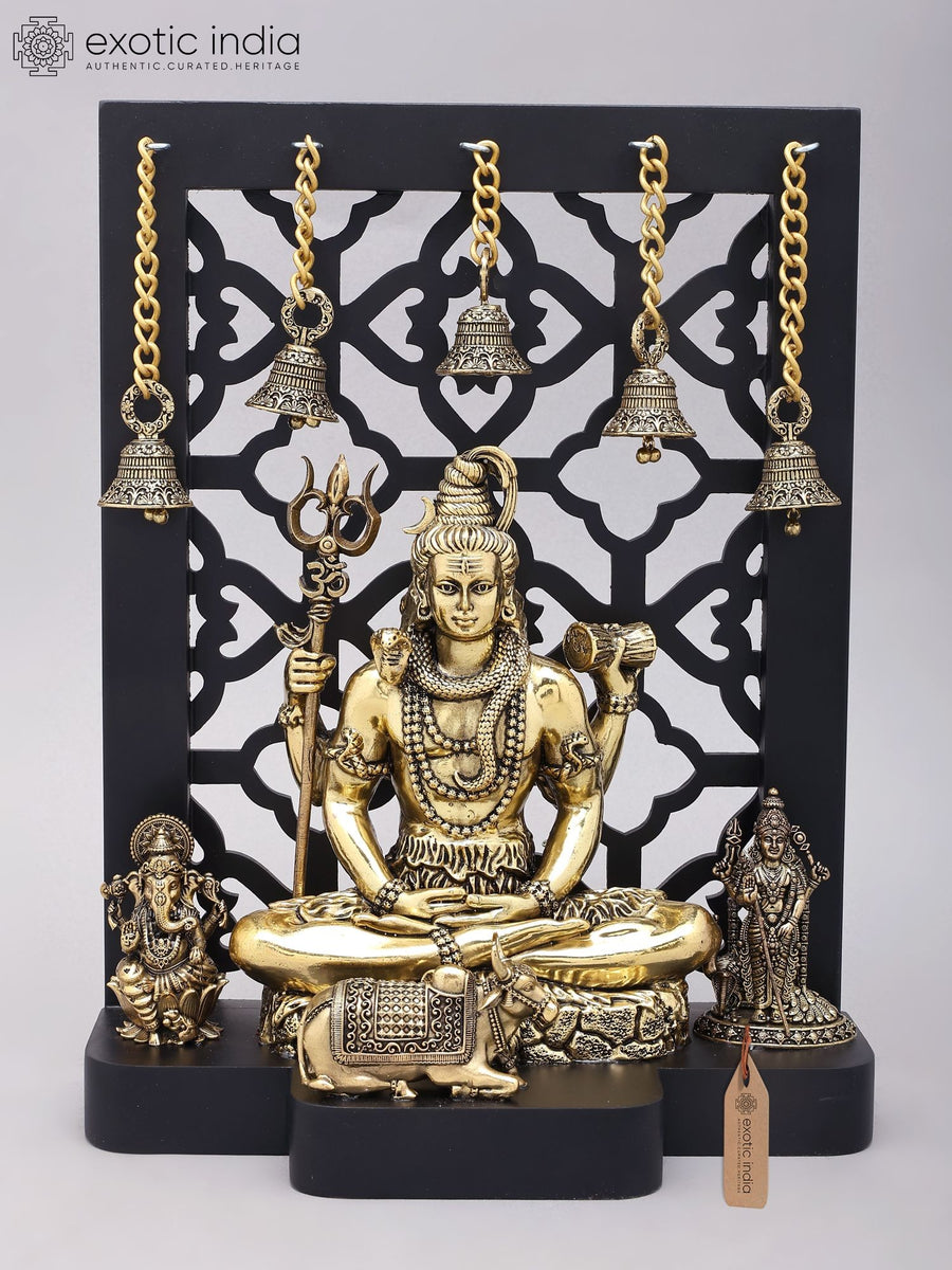 12" Handmade Lord Shiva with Ganesha and Kartikeya Brass Statue