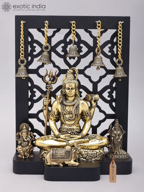 12" Superfine Lord Shiva with Sons Ganesha and Karttikeya | Brass Statues with Designer Wood Frame