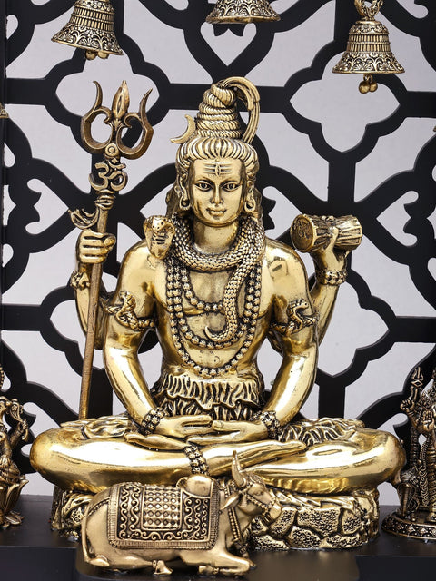 12" Superfine Lord Shiva with Sons Ganesha and Karttikeya | Brass Statues with Designer Wood Frame