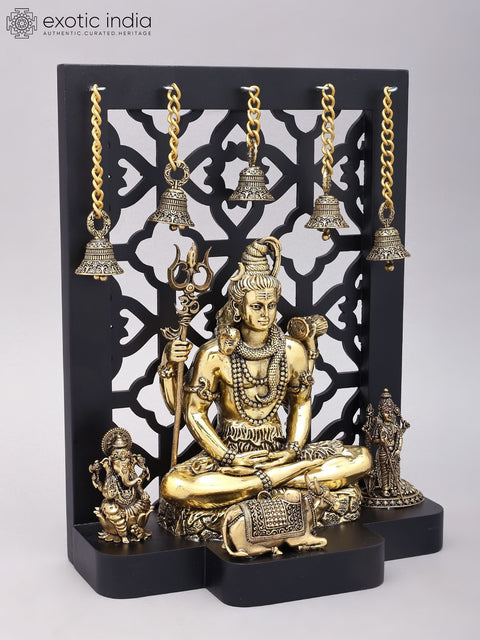 12" Superfine Lord Shiva with Sons Ganesha and Karttikeya | Brass Statues with Designer Wood Frame