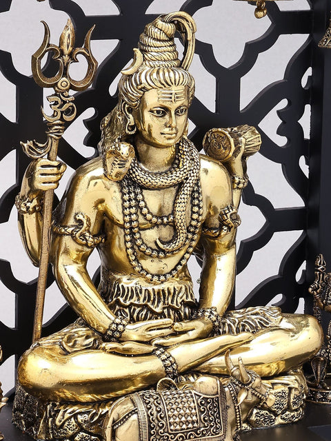 12" Superfine Lord Shiva with Sons Ganesha and Karttikeya | Brass Statues with Designer Wood Frame