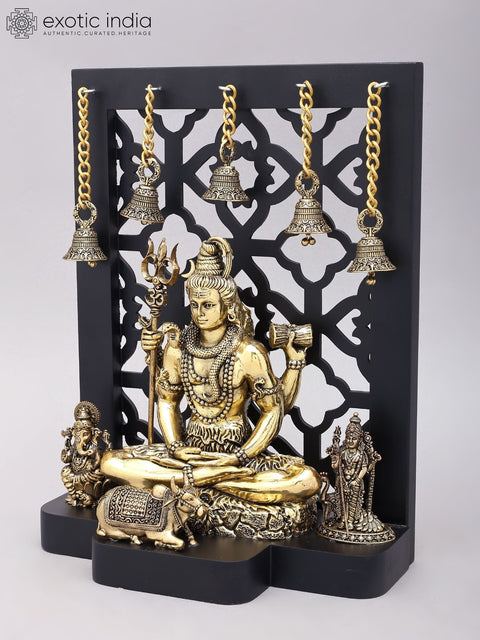 12" Superfine Lord Shiva with Sons Ganesha and Karttikeya | Brass Statues with Designer Wood Frame