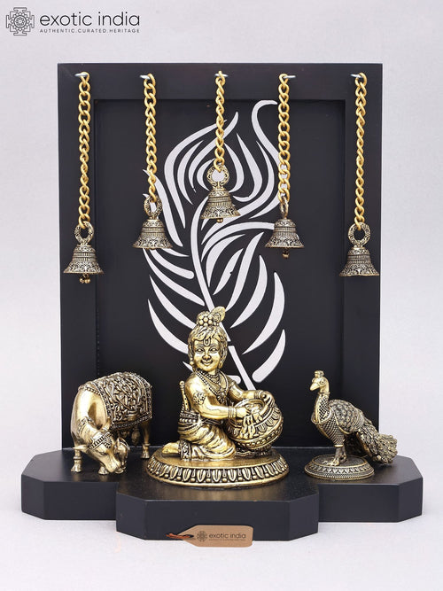 12" Handmade Brass Krishna with Cow and Peacock Statue