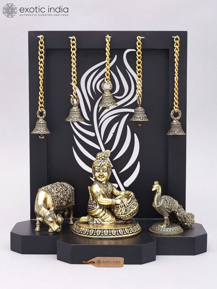 12" Handmade Brass Krishna with Cow and Peacock Statue