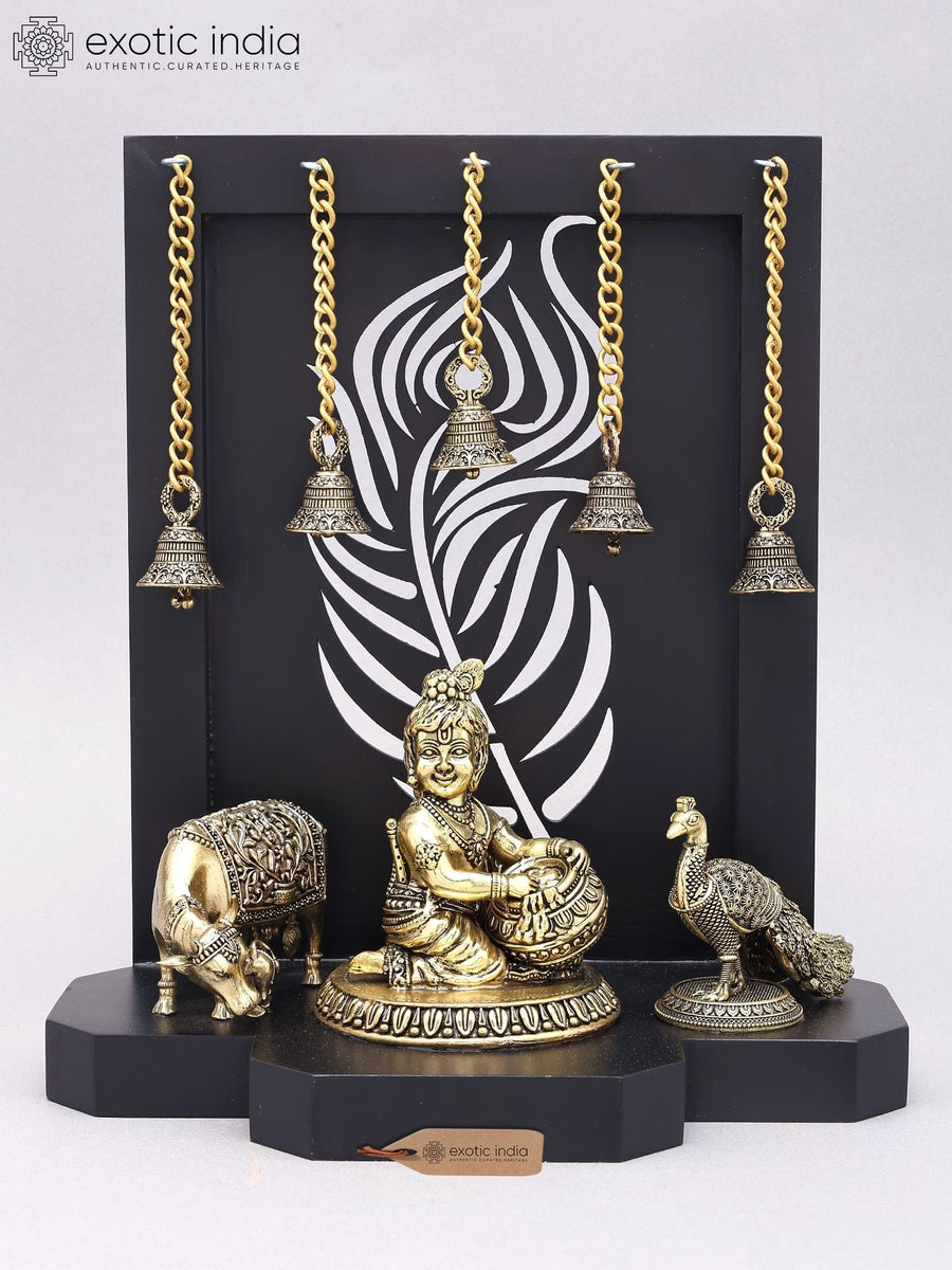 12" Handmade Brass Krishna with Cow and Peacock Statue