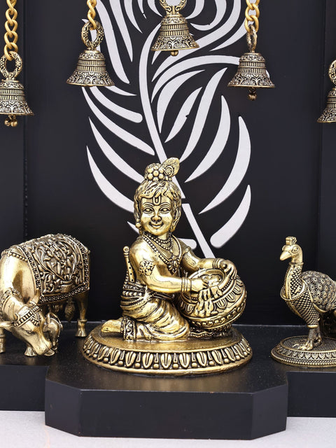 12" Superfine Butter Krishna with Cow and Peacock | Brass Statue with Designer Wood Frame