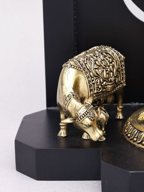 12" Superfine Butter Krishna with Cow and Peacock | Brass Statue with Designer Wood Frame
